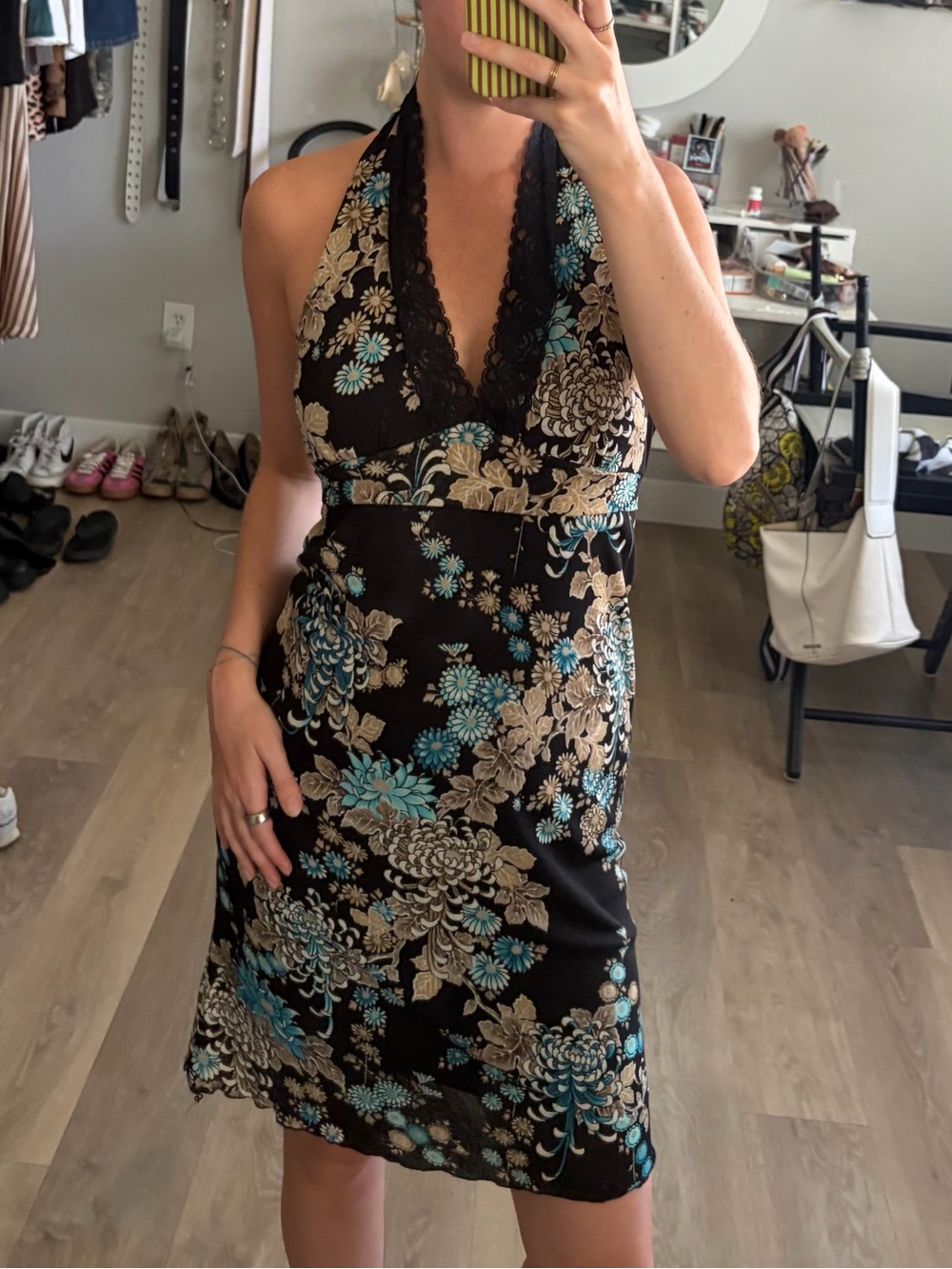 Y2K Papaya Floral Lace Halter Dress Size Large